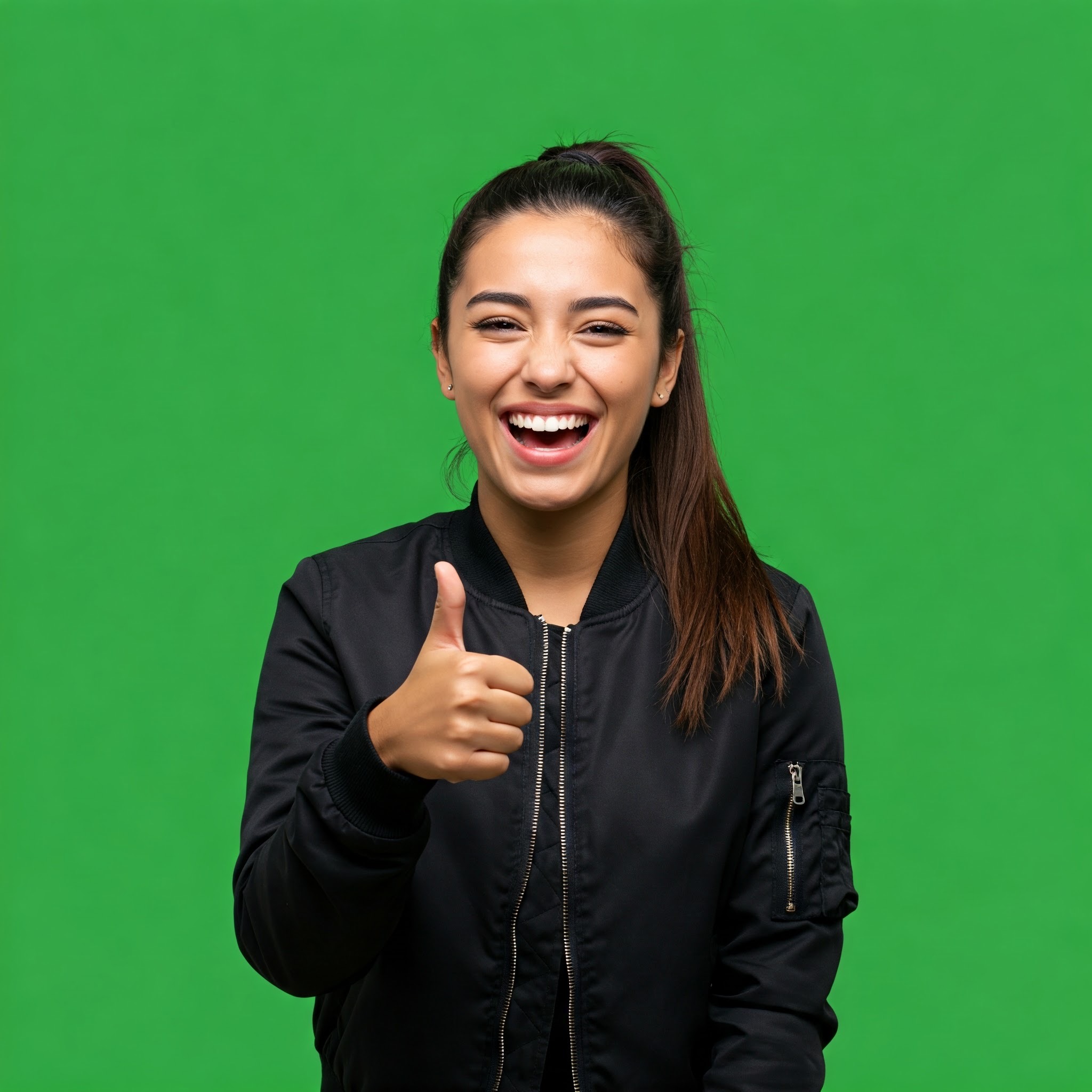 photo of Cheerful Young Woman Giving Thumbs Up Against Green Screen